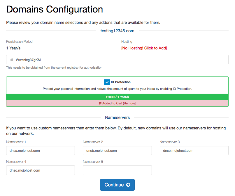 Here, you can add Free WHOIS Privacy to your domain, add hosting if required and specify current name servers.