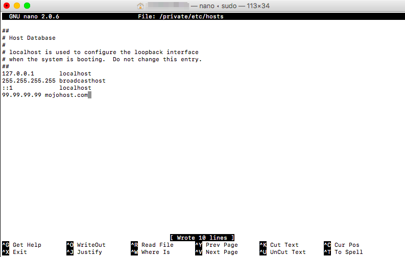 Editing the hosts file via terminal in nano on Mac